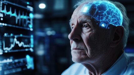 Neurotechnology advances in brain health research lab digital art futuristic environment close-up perspective