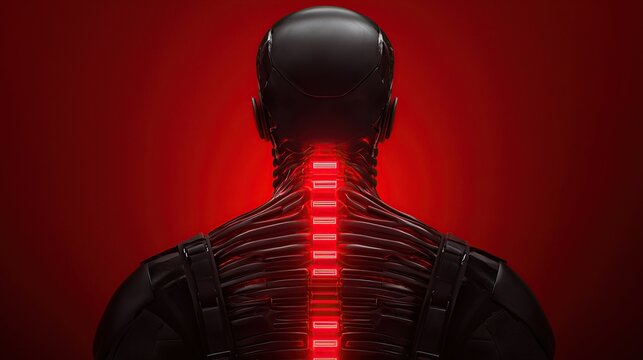 A futuristic humanoid figure with a sleek black surface and glowing red lights along the spine, set against a striking red background. - Powered by Adobe