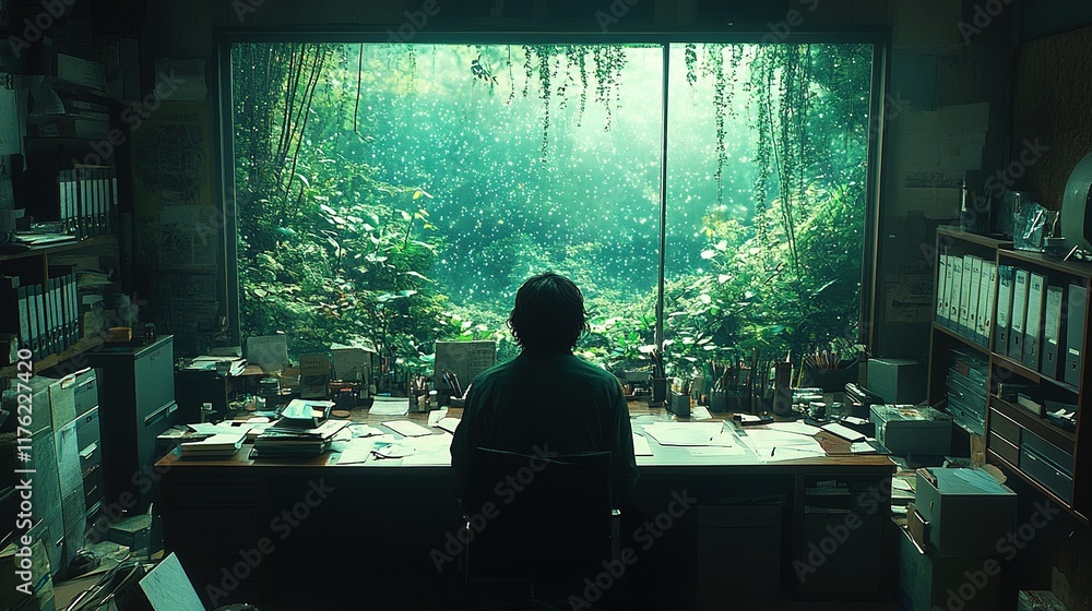 Poster a serene workspace with a view of a lush, green forest through a large window, evoking tranquility a