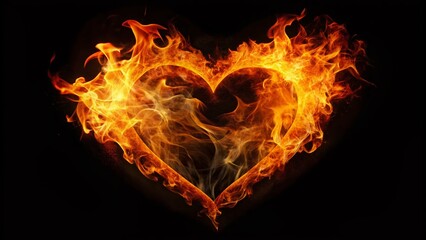 Fototapeta premium Fiery Heart Silhouette: Burning Passion, Isolated Black Background - Stock Photo