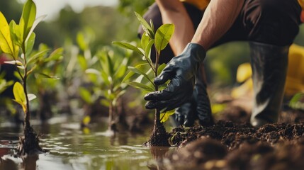 A man is planting a tree in a field