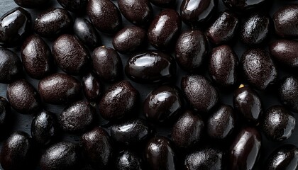 Flat Lay Top View of Bright Ripe Fragrant Black Olive Fruit as Background