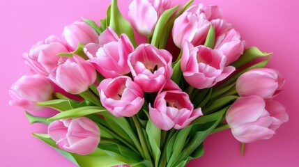Obraz premium Exquisite Spring Flower Arrangement: A Pink Tulip Bouquet with a Pastel Pink Background for Festive Occasions