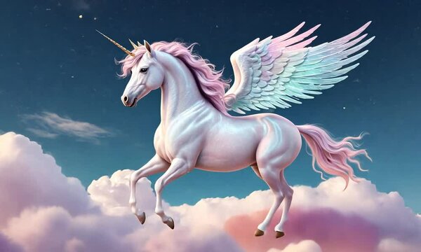 A Majestic Winged Unicorn Soaring Through Dreamy Clouds