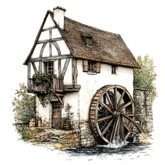 Fototapeta premium Charming illustration of a medieval half-timbered watermill beside a stream.