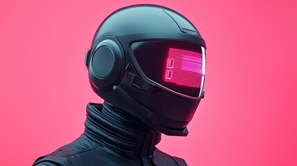 A futuristic figure in a sleek black helmet with a vibrant pink digital face, set against a contrasting pink background.