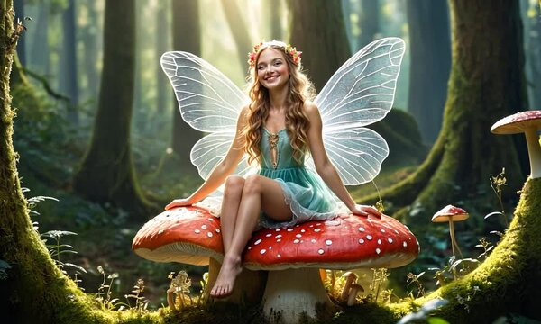 Enchanted Forest Fairy: A whimsical portrait of a fairy sitting on a giant mushroom in a mystical forest.