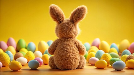 Fluffy Brown Bunny & Pastel Easter Eggs on Yellow - Festive Spring Stock Photo