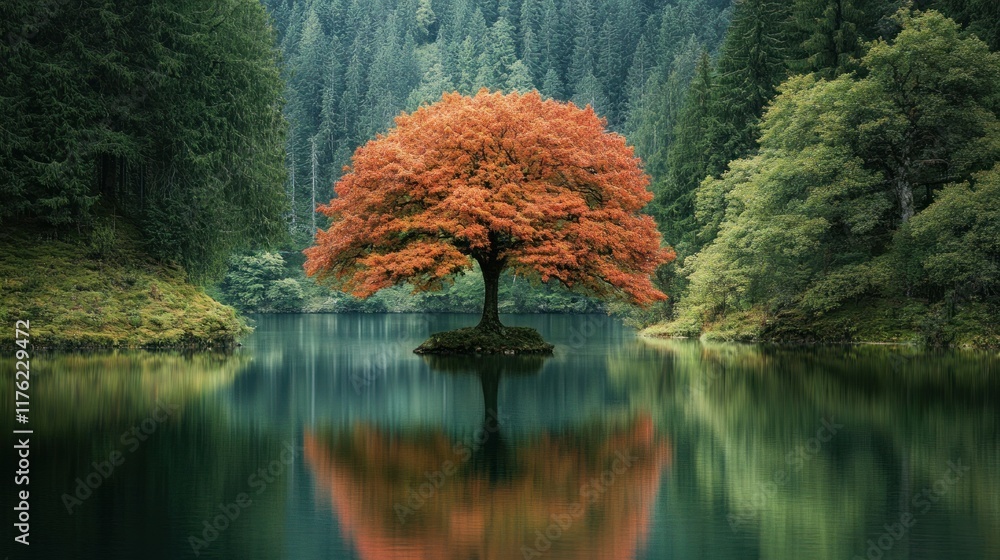 Poster serene reflection of a vibrant maple tree surrounded by lush green forest and calm waters in a tranq