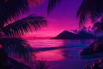 Tropical beach sunset view with palm trees framing a vibrant pink sky over a calm ocean with a distant island