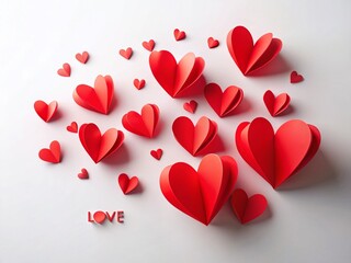 Flying Red Paper Hearts Valentine's Day Love Symbol White Background Copy Space