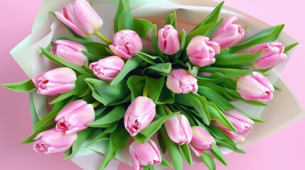 Exquisite Spring Flower Arrangement: A Pink Tulip Bouquet with a Pastel Pink Background for Festive Occasions