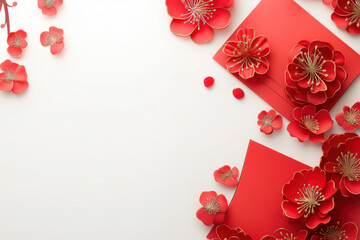 Design of Chinese New Year red packets with intricate patterns on a crisp white background