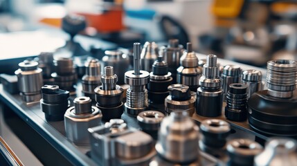 Naklejka premium Precision Metal Tools Displayed on a Workbench with Various Machine Parts and Accessories Ideal for Engineering and Manufacturing Industries