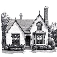 Black and white illustration of a charming brick house with a gabled roof, bay window, and manicured landscaping.
