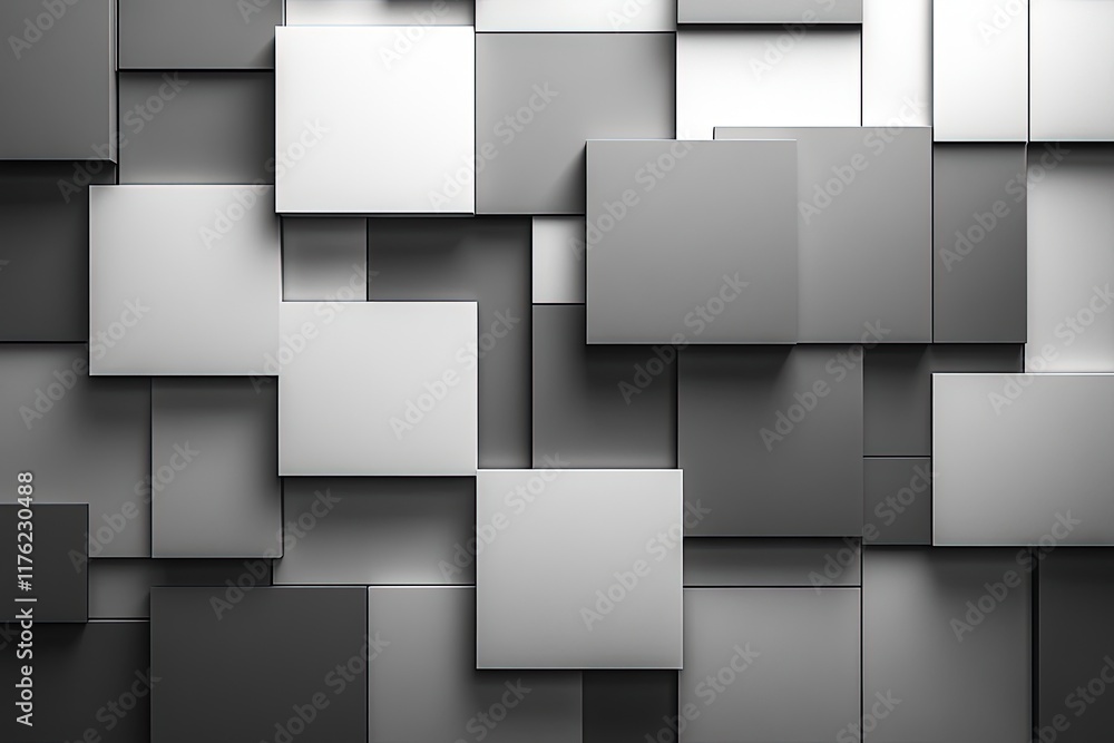 Poster a modern abstract design featuring layered gray and white squares, creating a textured visual effect