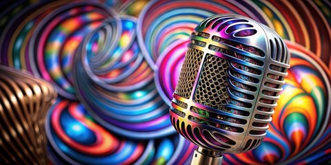 Close-up shot of a retro-style microphone with a colorful, swirling pattern on the metal body and a...