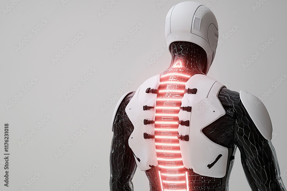 Poster a futuristic robot with a glowing spine stands in profile, showcasing intricate design and advanced 