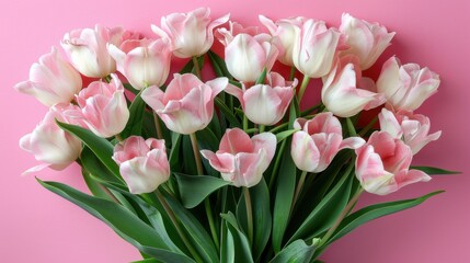 Exquisite Spring Flower Arrangement: A Pink Tulip Bouquet with a Pastel Pink Background for Festive Occasions
