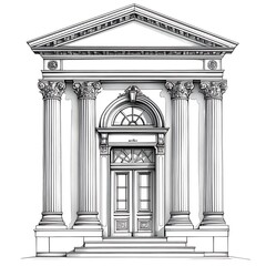 Architectural Sketch of a Classical Building Entrance with Corinthian Columns and Pediment.