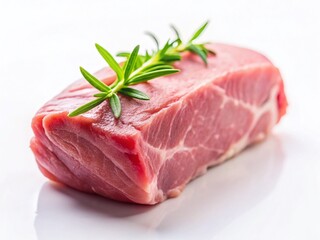 Fototapeta premium Fresh Pork Loin, Raw Meat, White Background, Tilt-Shift Photography