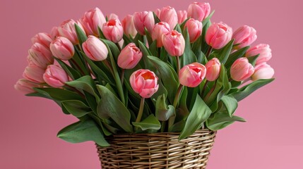 Obraz premium Exquisite Spring Flower Arrangement: A Pink Tulip Bouquet with a Pastel Pink Background for Festive Occasions
