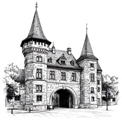 Ink Sketch of a Grand Archway Entrance to a Stone Chateau with Twin Towers.