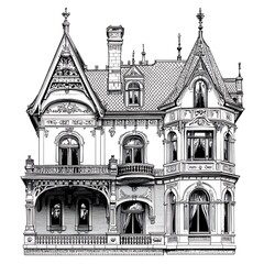 Fototapeta premium Black and White Illustration of an Ornate Victorian Mansion with Detailed Architectural Features.
