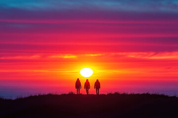 Fototapeta premium Sunset silhouette of three people walking along a coastal ridge against a vibrant sky in the evening