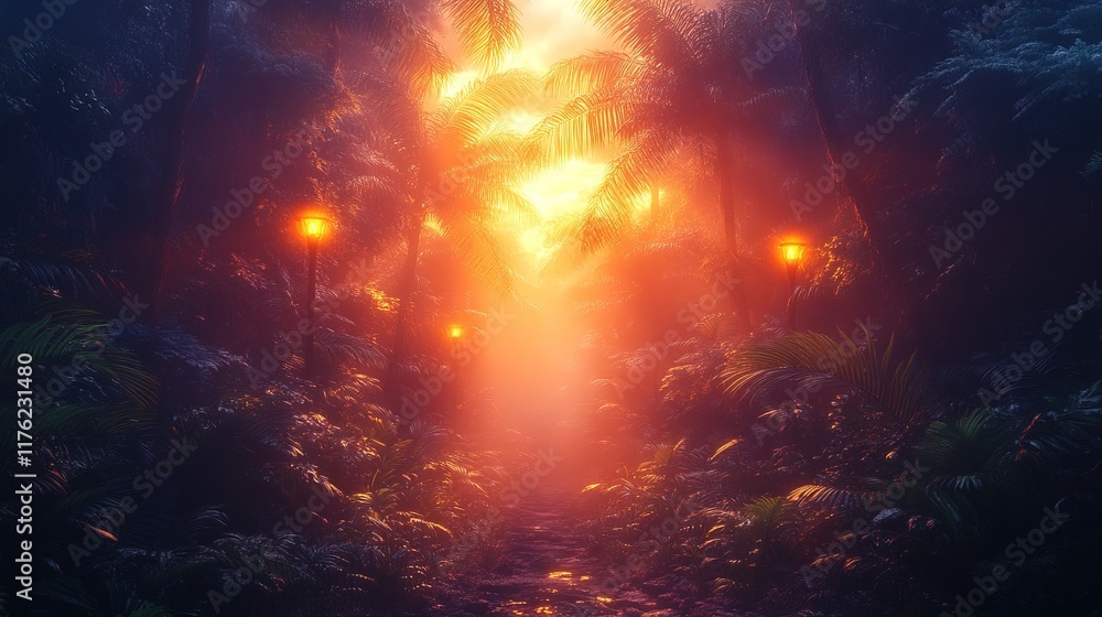 Poster a misty forest path illuminated by glowing lights, creating an enchanting atmosphere.