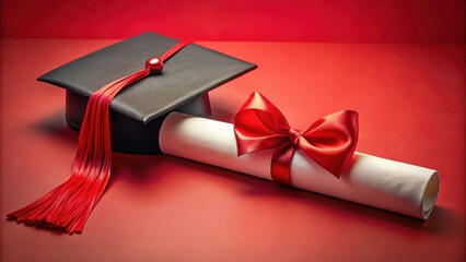 Diploma with beautiful bow and graduation cap with tassel on red background, award