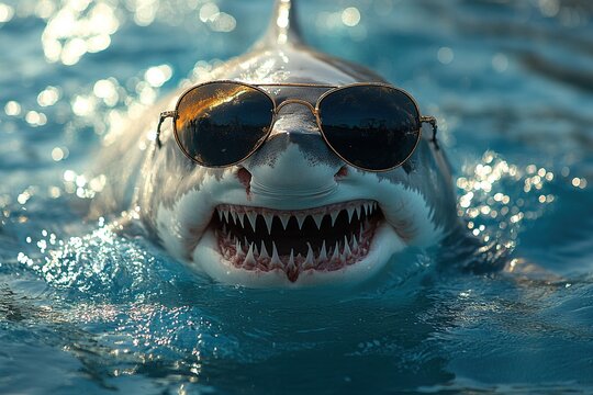 A shark wearing sunglasses emerges from the water, showcasing a playful and humorous take on marine life.