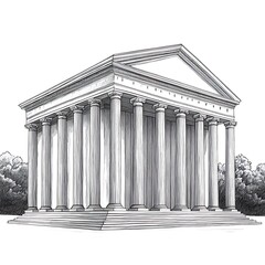 Obraz premium Hand-drawn illustration of a classical Greek temple with Corinthian columns, set against a backdrop of trees.