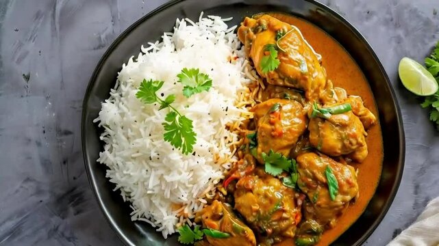 A flavorful chicken curry served with fluffy basmati rice and garnished with fresh cilantro. A delicious and aromatic Indian dish.