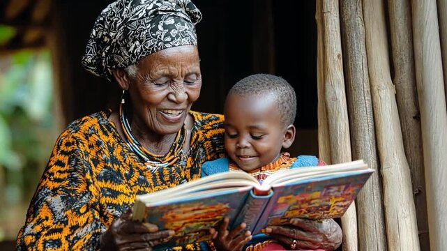 Grandmother's Tales: A heartwarming image of an African grandmother sharing a storybook with her grandchild, capturing a moment of intergenerational connection and love.