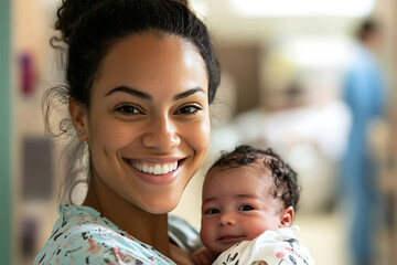 Happy nurse holding a newborn baby in a hospital room, conveying care and joy