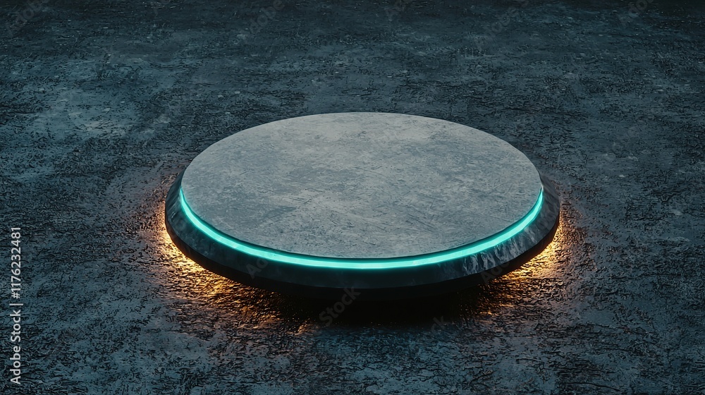 Aufkleber a sleek, illuminated circular platform rests on a textured surface, emitting a futuristic glow from 