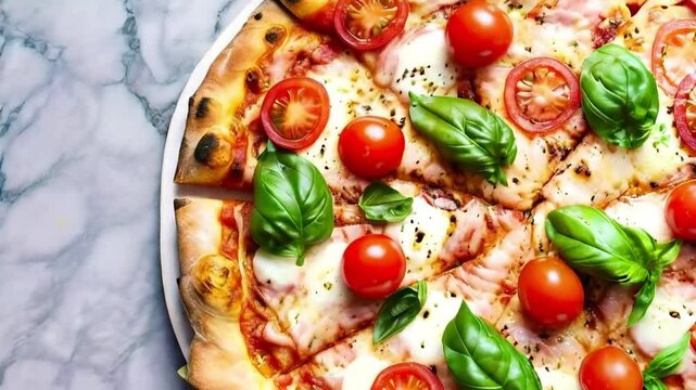 Close-up of a classic Margherita pizza topped with fresh basil, mozzarella, and cherry tomatoes