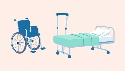 Medical Tools Icon Set. Icon set of a wheelchair, crutches, and medical bed with soft colors.