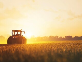Obraz premium Tractor spraying pesticides fertilizer on soybean crops farm field in spring evening. - ai