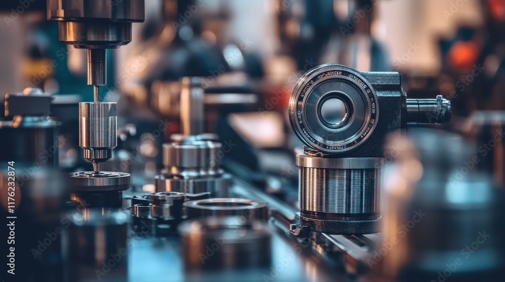 Poster high-precision machining setup in industrial workshop with various tools and machinery for manufactu
