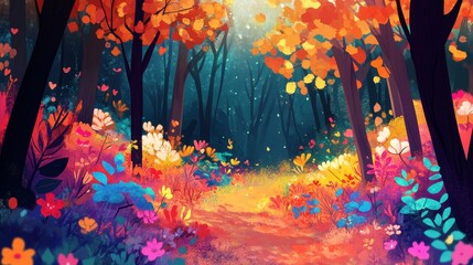 A Brightly Colored Path Through an Autumnal Forest