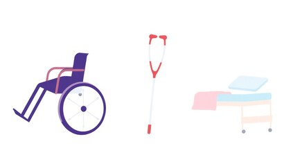 Medical Tools Icon Set. Icon set of a wheelchair, crutches, and medical bed with soft colors.