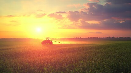 Fototapeta premium Tractor spraying pesticides fertilizer on soybean crops farm field in spring evening. - ai