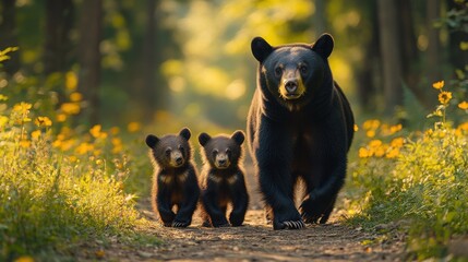Mother Black Bear with Her Cubs Walking Along a Forest Path