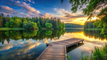 Fototapeta premium A small wooden dock extends into a serene lake at sunset, surrounded by tall trees and lush greenery, small dock, water, small dock