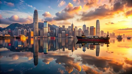 Fototapeta premium Reflections of skyscrapers across Hong Kong harbour at sunset with cargo ships passing by, twilight, water front