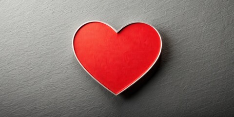 Obraz premium A bold and bright red heart-shaped sticker on a plain gray surface, with a slight texture effect to give it a more realistic look , heart shape, love symbol