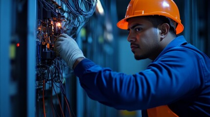 A technician works on electrical equipment in an industrial setting, ensuring proper function.