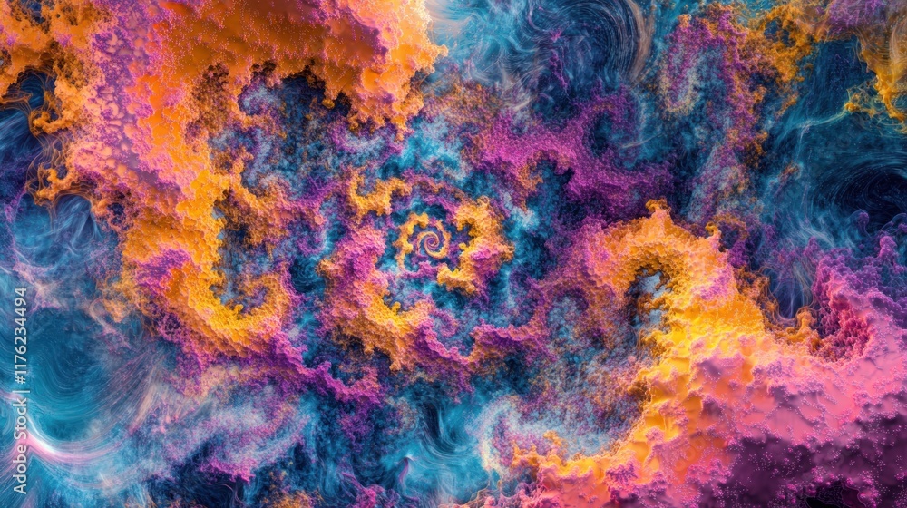 Poster vivid abstract fractal art in bright purple and orange swirls capturing dynamic patterns and texture